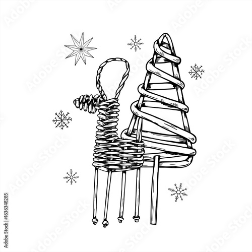 Wicker Christmas tree, reindeer figurine and falling snowflakes black and white vector illustration. Scandinavian Yule traditions. Wooden Xmas composition for holiday cards, winter packaging