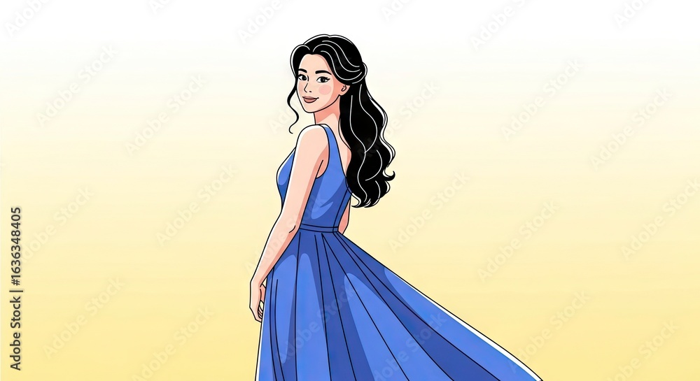 A cartoonstyle woman with long black hair and a blue dress smiles over her shoulder A cartoonstyle woman with long black hair and a blue dress smiles over her shoulder