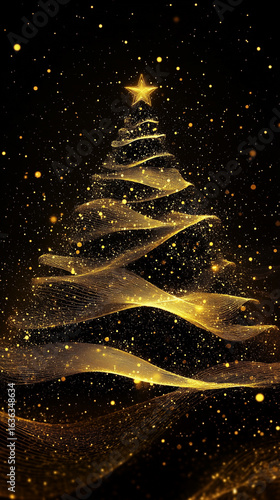 A minimalistic Christmas Tress made of glowing particles and the magic of Christmas with copy space.