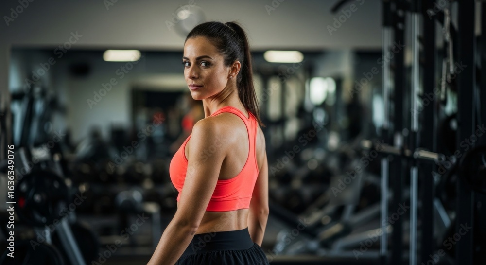 Fototapeta premium Portrait of a confident athletic woman with a toned physique looking back over her shoulder in a modern, well-equipped fitness center