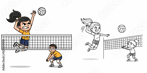Cartoon Energetic Female Volleyball Player Spiking Ball Action Illustration Design