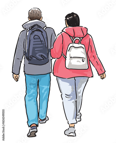 Couple casual citizens with backpacks, tourists pair walking outdoors, back view, realistic vector illustration