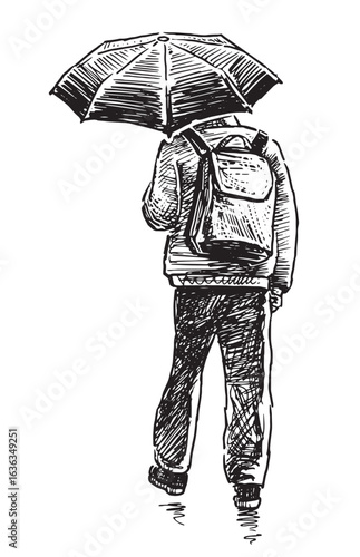 One man casual urban pedestrian under umbrella walking outdoors in rain, back view, sketch, black and white vector illustration