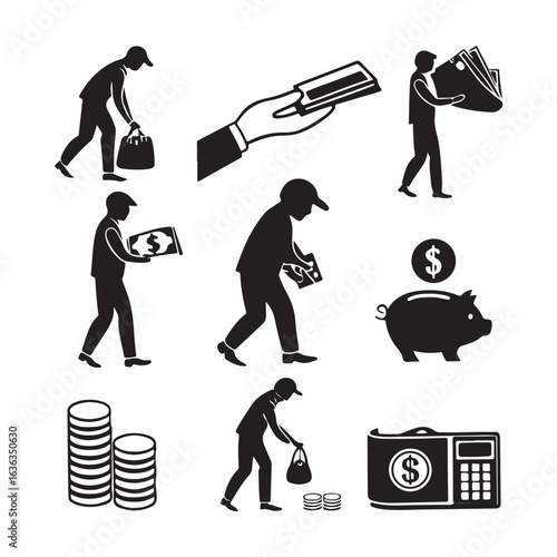 Collection of silhouettes illustrating financial activities including carrying money bags piggy bank and stacks of coins