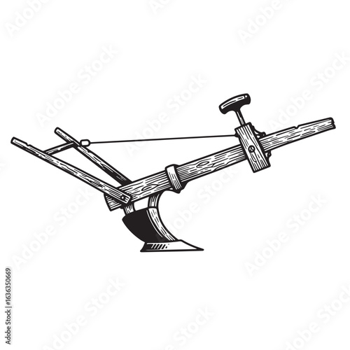Vintage hand drawn illustration of an antique wooden plow for farming and agriculture