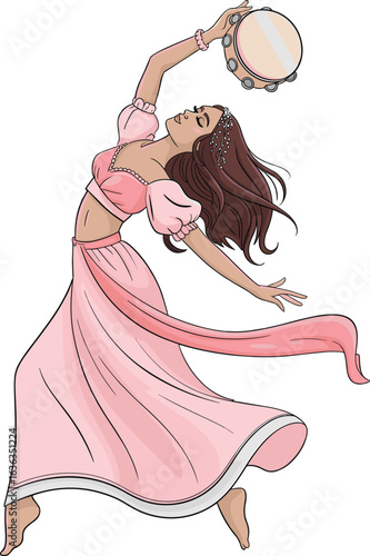 Graceful woman dancing, tambourine performance, pink flowing dress, barefoot elegance, cartoon style, musical pose, rhythmic energy, artistic movement