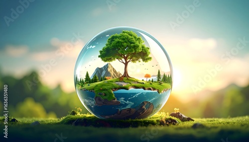 A miniature world, featuring a vibrant tree, mountains, and water, encapsulated within a clear glass sphere, symbolizing environmental protection and global unity.