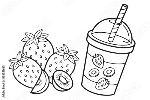 Coloring Pages, cartoon smoothie in a cup with fruit toppings, colorless, uncolored, black and white for coloring book, coloring page, kids