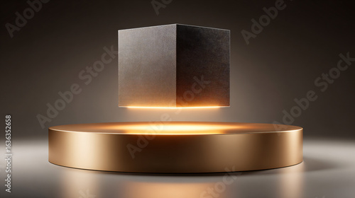 Fototapeta Naklejka Na Ścianę i Meble -  Metallic cube hovering above golden podium, modern presentation stage
