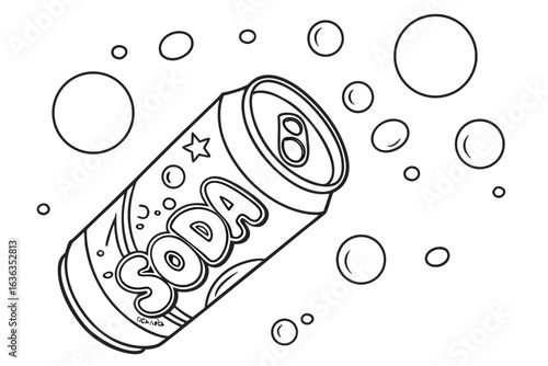 Coloring Pages, cartoon soda can with fizz and bubbles, colorless, uncolored, black and white for coloring book, coloring page, kids