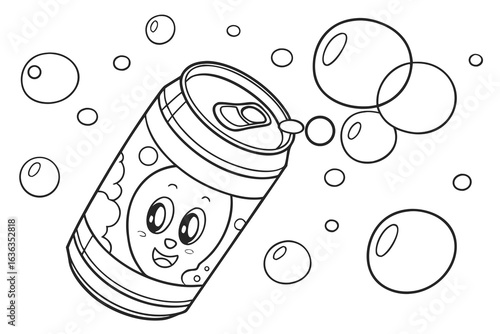 Coloring Pages, cartoon soda can with fizz and bubbles, colorless, uncolored, black and white for coloring book, coloring page, kids