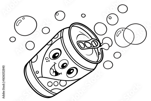 Coloring Pages, cartoon soda can with fizz and bubbles, colorless, uncolored, black and white for coloring book, coloring page, kids