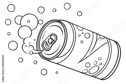 Coloring Pages, cartoon soda can with fizz and bubbles, colorless, uncolored, black and white for coloring book, coloring page, kids