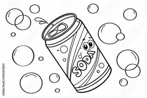 Coloring Pages, cartoon soda can with fizz and bubbles, colorless, uncolored, black and white for coloring book, coloring page, kids