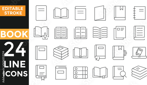 Book line icon set. Set of 24 outline icons related to the book. Library book symbol. Open and close textbook. Editable stroke.
