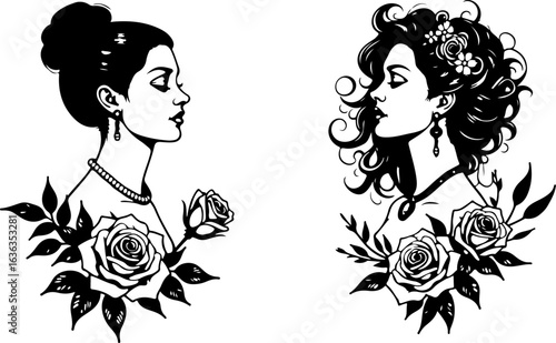 Vintage Women Portrait with Floral Frame"