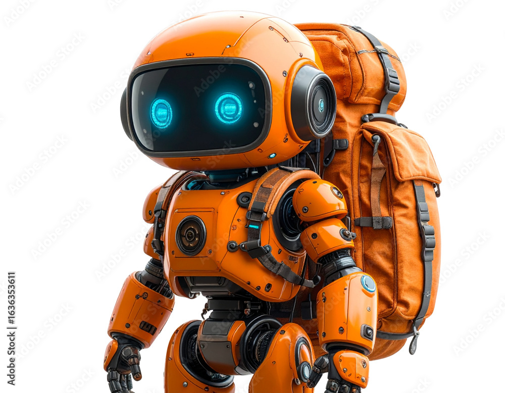 Friendly Orange Robot Sidekick with Blue Optical Sensors and Backpack Isolated on Transparent Background PNG Friendly Orange Robot Sidekick with Blue Optical Sensors and Backpack Isolated on Transparent Background PNG