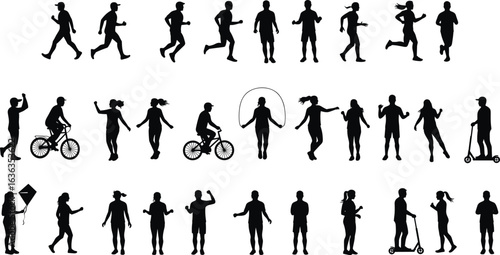Outdoor activity silhouette set, people running, walking, biking, jumping rope, scooter riding, kite flying, exercise motion, fitness movement