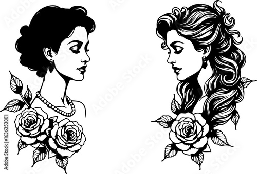 Vintage Women Portrait with Floral Frame"