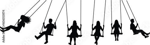 People sitting on swings, silhouette artwork, emotional motion, relaxed posture, outdoor leisure, minimalist design, peaceful vibe, artistic lifestyle scene