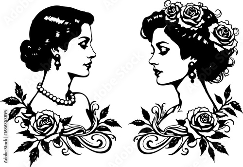 Vintage Women Portrait with Floral Frame"