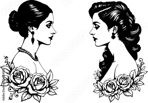 Vintage Women Portrait with Floral Frame"