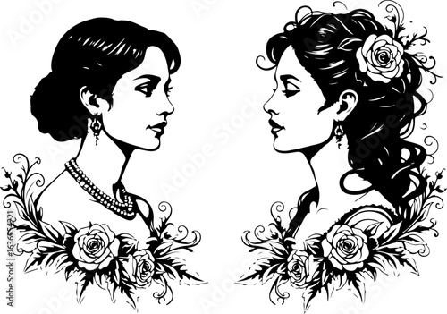 Vintage Women Portrait with Floral Frame"