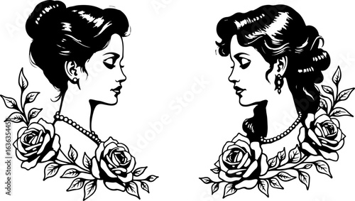 Vintage Women Portrait with Floral Frame"
