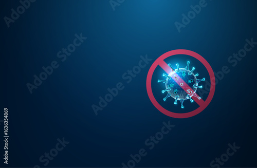 Blue virus inside a prohibition sign. Virus prevention, antiviral protection, infection control, public health safety, disease restriction concept.