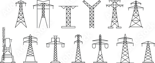 Collection of power transmission towers, electrical infrastructure, high voltage poles, energy distribution, industrial structures, utility grid, engineering design, network system