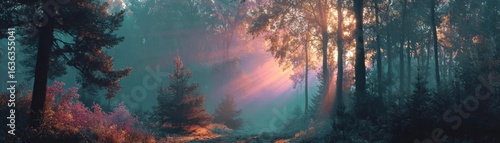 Frontal view of a mystical woodland with sunlit ethereal mist, serene atmosphere, enchanted colors