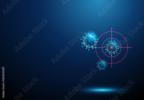 Abstract blue viruses in digital targeting scope. Targeted antiviral therapy, precision medicine, pathogen elimination, vaccine development, outbreak control concept