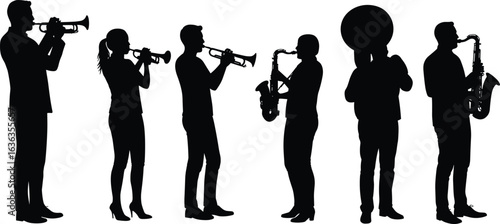 Silhouette illustration of musicians playing trumpet, saxophone, tuba, wind instruments, jazz band, orchestra performance, music player, vector art