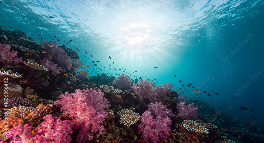 Fototapeta premium Underwater coral reef ecosystem with vibrant soft corals and marine life under the sunlight