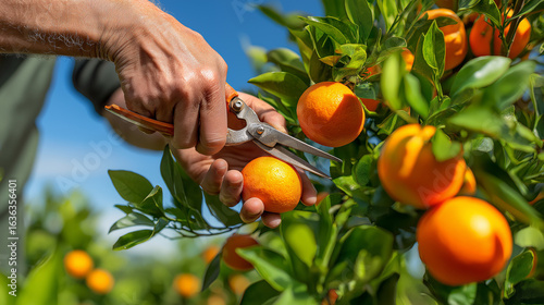 harvesting oranges under the warm sunlight