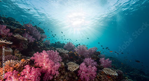 Underwater coral reef ecosystem with vibrant soft corals and marine life under the sunlight