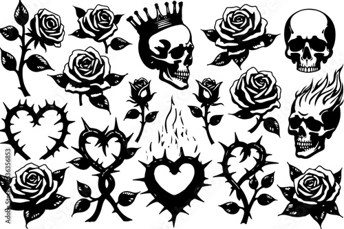 skull rose thorn crown tattoo vector bundle