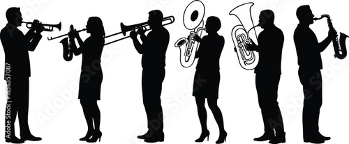 Silhouette of musicians playing instruments, trumpet, trombone, sousaphone, saxophone, tuba ensemble, brass section, band performance, marching music team