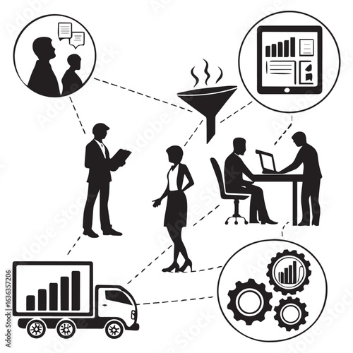 Business professionals collaborating and analyzing data from various sources including trucks tablets and team meetings for strategic planning