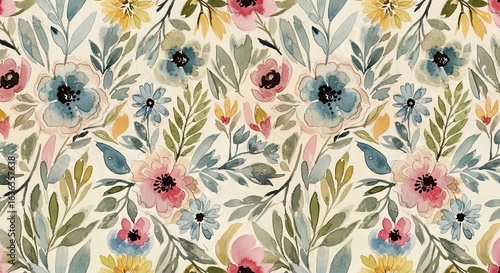 Watercolor floral pattern with blue pink  yellow flowers against an offwhite background