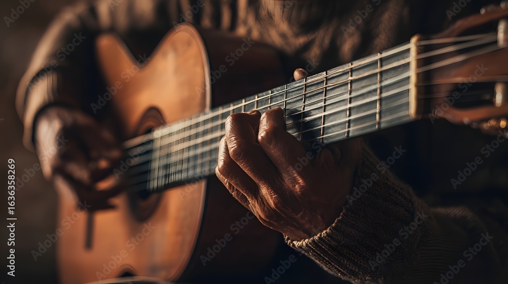 Fototapeta premium Close-Up Hands Strumming Classical Guitar – Warm Tones with Rustic Studio Background