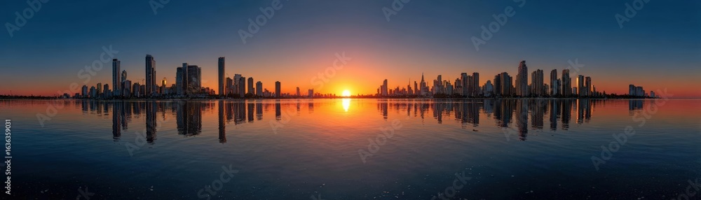 Fototapeta premium Panoramic skyline bathed in golden sunset hues, minimalist silhouette reflections gracing tranquil waters