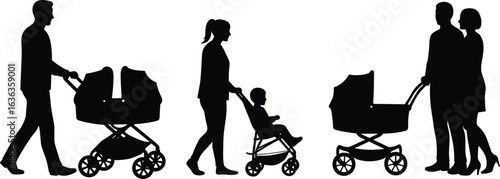 Silhouettes of adults and children using strollers, single and double, parenting interaction, family lifestyle and caregiving moments set