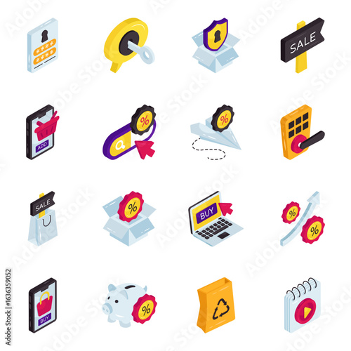 Set of Security and Shopping Isometric Icons

