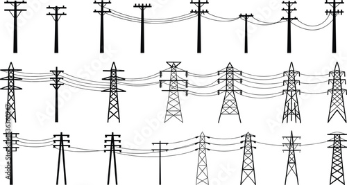 Electrical transmission towers, power lines, utility poles, energy infrastructure, high voltage structures, electricity grid, vector illustration, engineering design, black and white