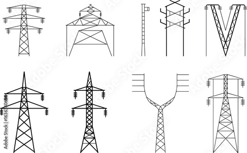 Electricity transmission towers, power line structures, high voltage pylons, energy infrastructure design, industrial engineering, utility poles, grid network, electricity distribution system