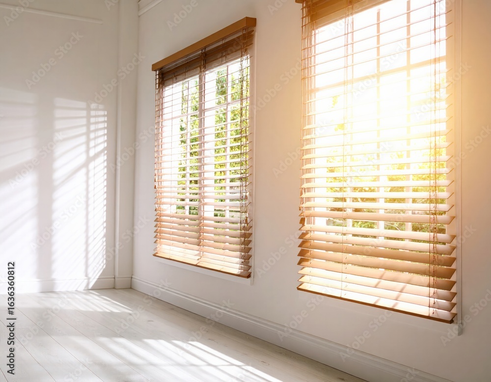 Fototapeta premium Bright Sunlight Streaming Through Wooden Blinds in a Minimalist Interior Room