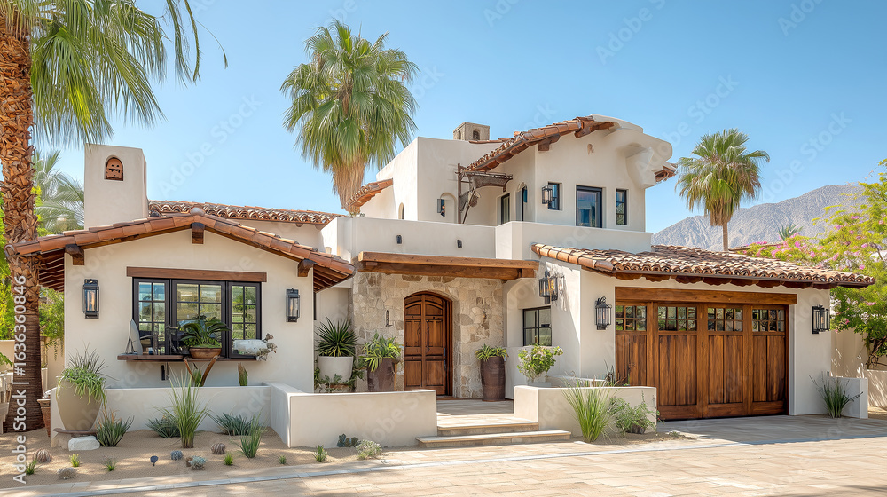Fototapeta premium Luxury Mediterranean-style home in desert landscape with palm trees