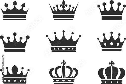 Elegant crown icon set, royalty-themed vector illustration, black silhouette design, regal graphic elements, high-quality decoration, Adobe Stock asset