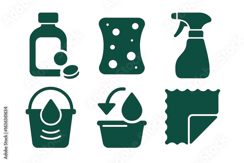 Different cleaning supplies and tools arranged in a tidy layout for household chores and maintenance tasks